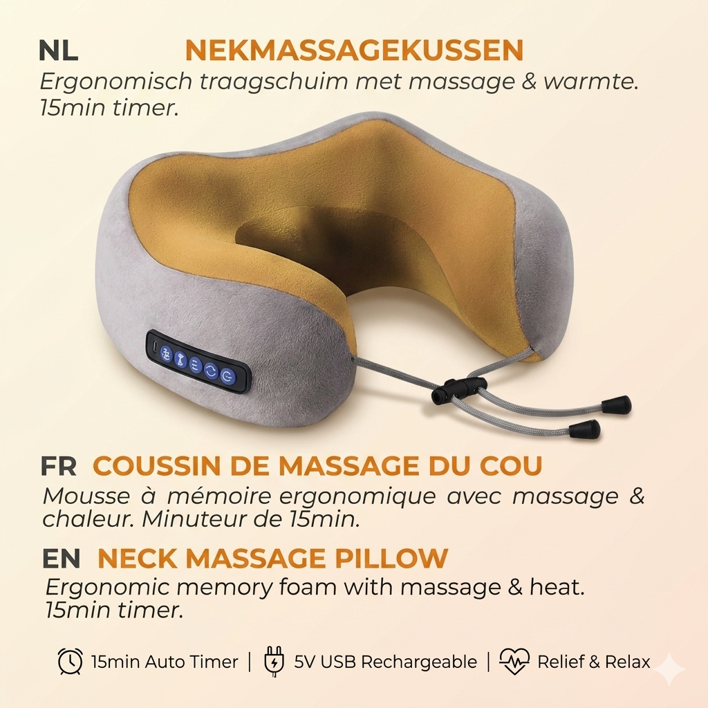 Draadloos Shiatsu Reiskussen – Anti-Nekpijn voor Auto & Vliegtuig